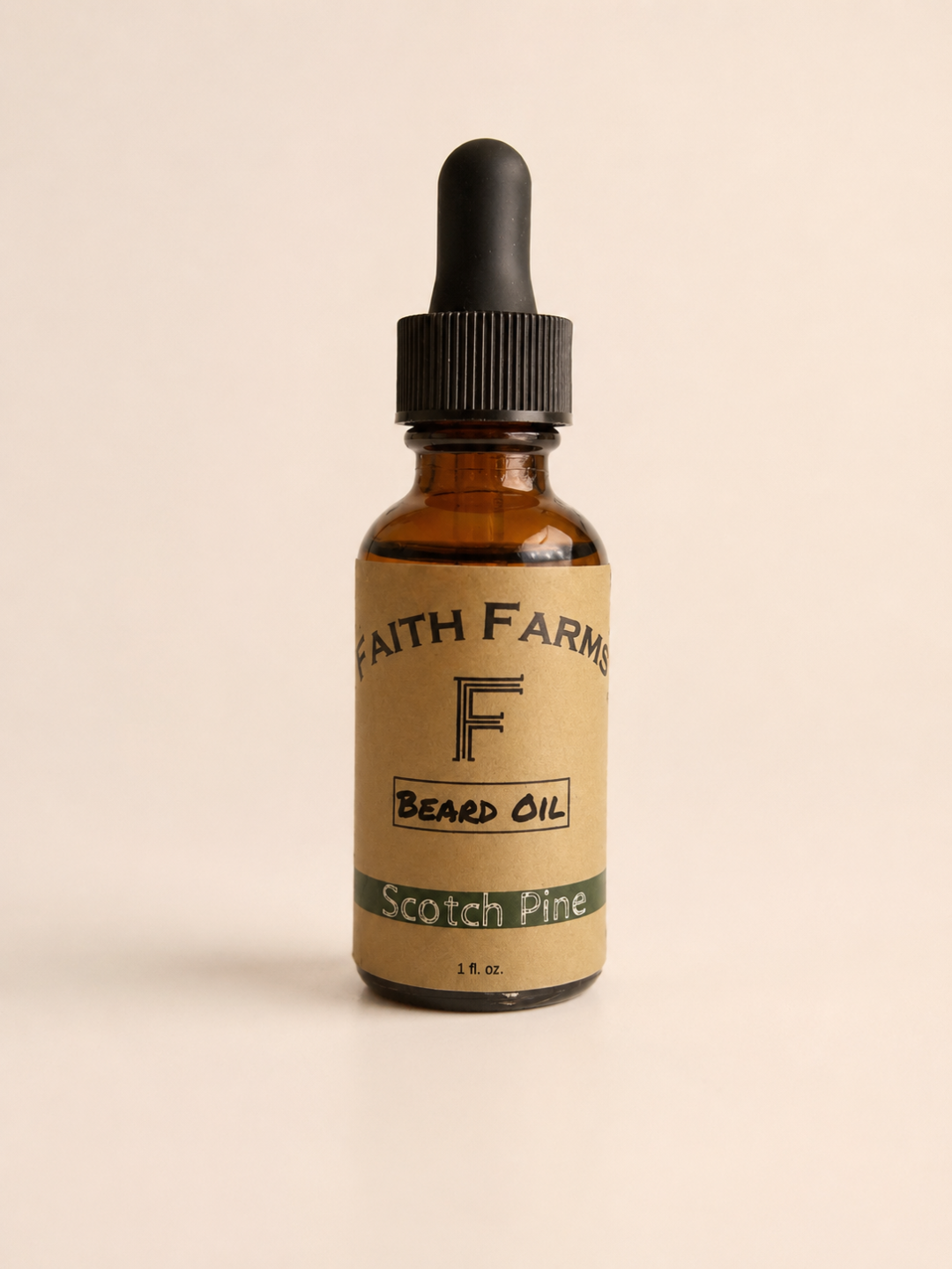 Bottle of Faith Farms beard oil with a dropper on a beige background