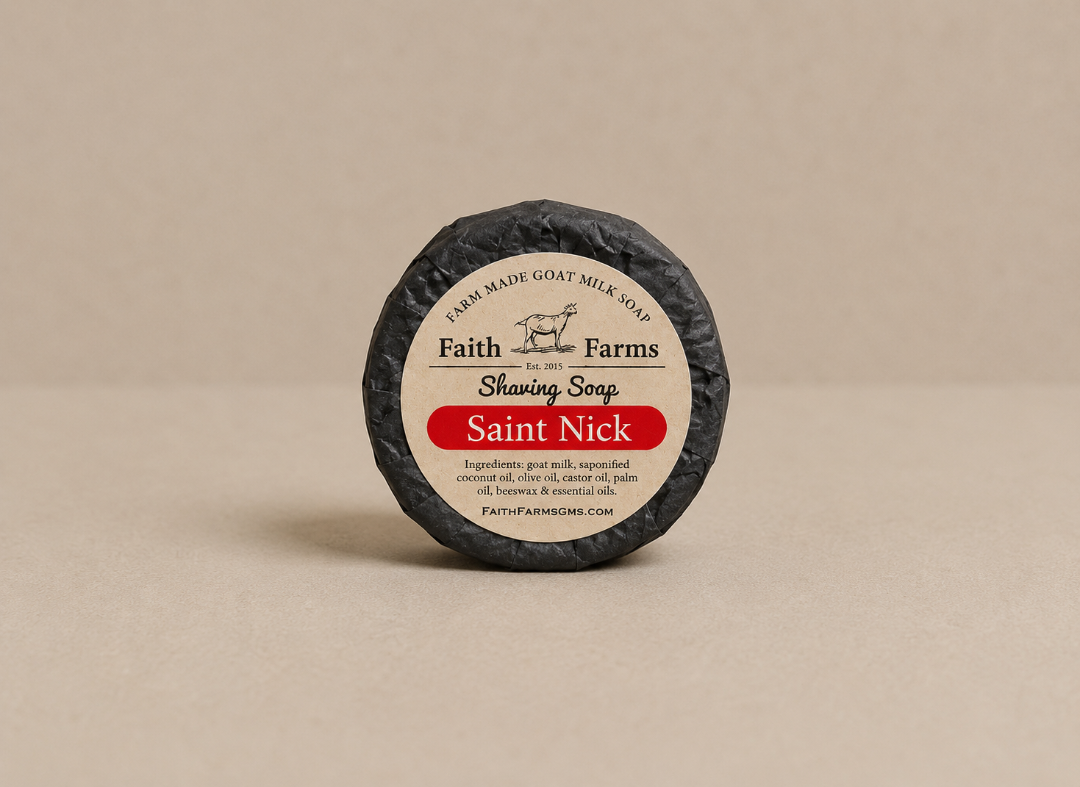 Saint Nick Goat Milk Shaving Soap on Beige Background