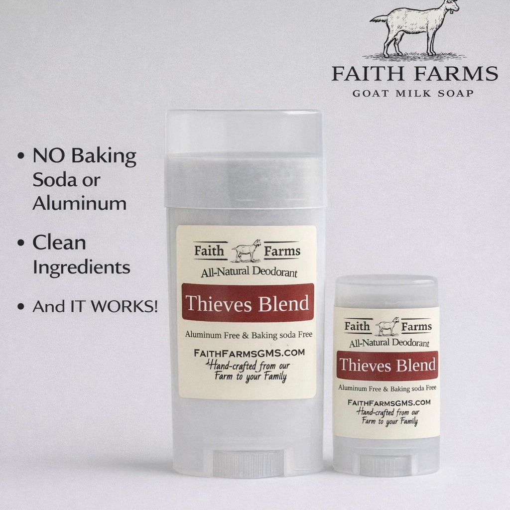 Two bottles of Faith Farms Thieves Blend deodorant on a light gray background with product details. full size and travel size