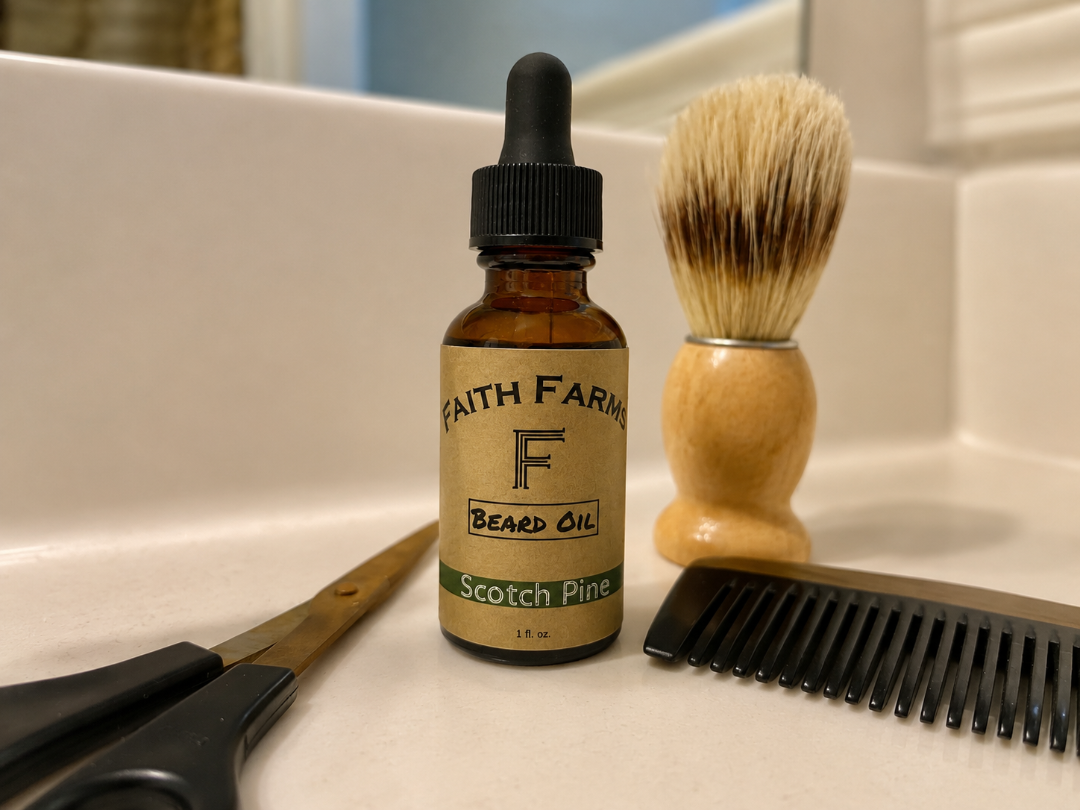 Bottle of Faith Farm beard oil with a brush and scissors on a bathroom counter.