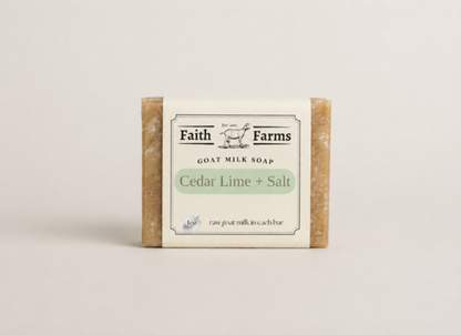 Bar of soap with 'Faith Farms' label on a light background