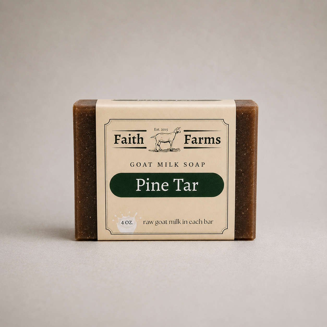 Bar of Faith Farms Pine Tar goat milk soap on a beige background