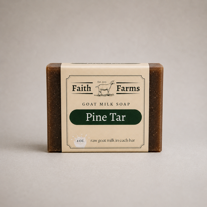 Bar of Faith Farms Pine Tar goat milk soap on a beige background