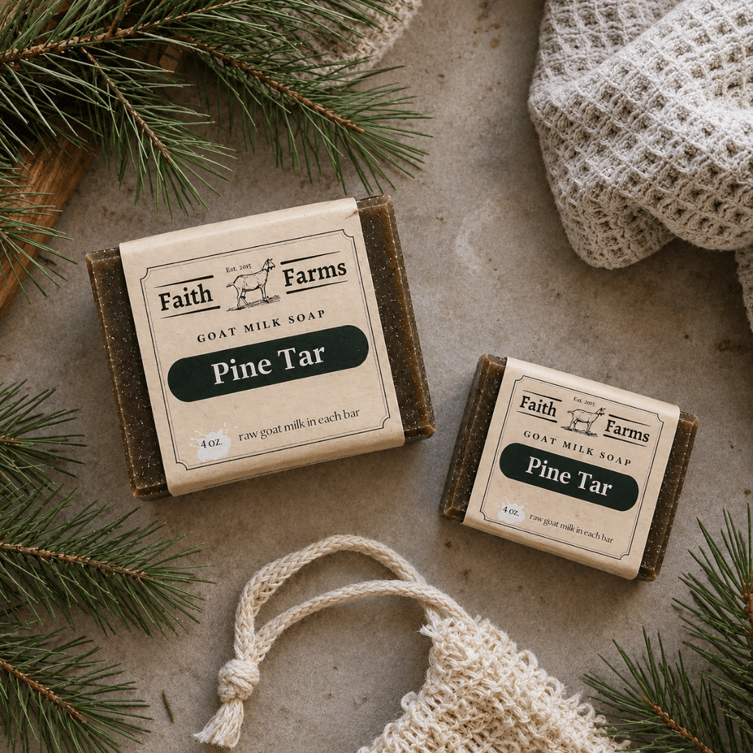 Pine Tar Goat Milk Soap - Faith Farms Goat Milk Soap travel size soap, and full-size soap bars