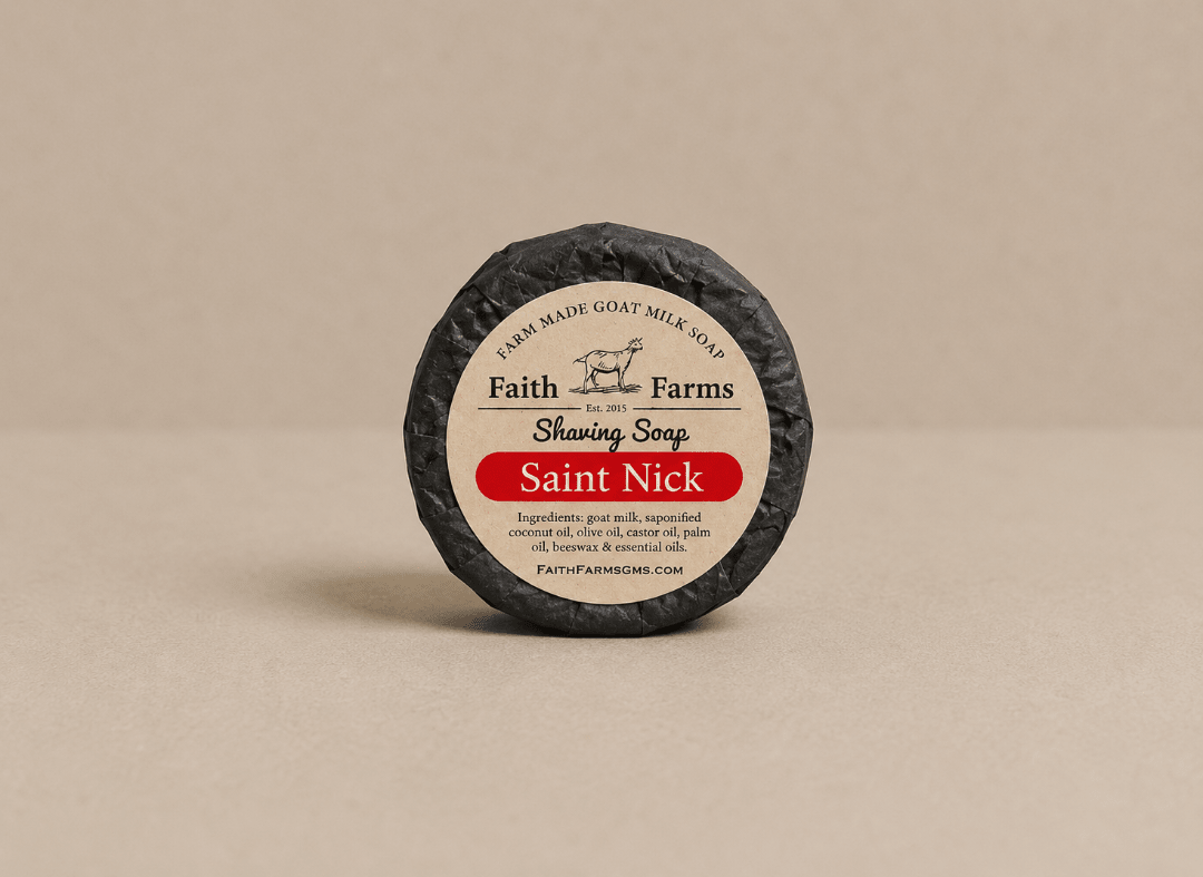 Saint Nick Men's Goat Milk Shaving Soap with peppermint, vanilla, clove, and fir needle essential oils