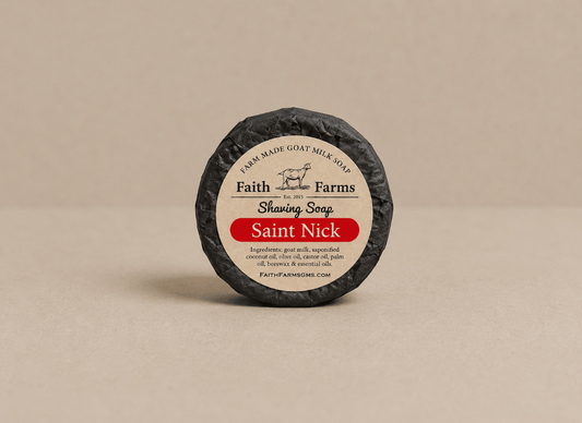 Saint Nick Men's Goat Milk Shaving Soap with peppermint, vanilla, clove, and fir needle essential oils
